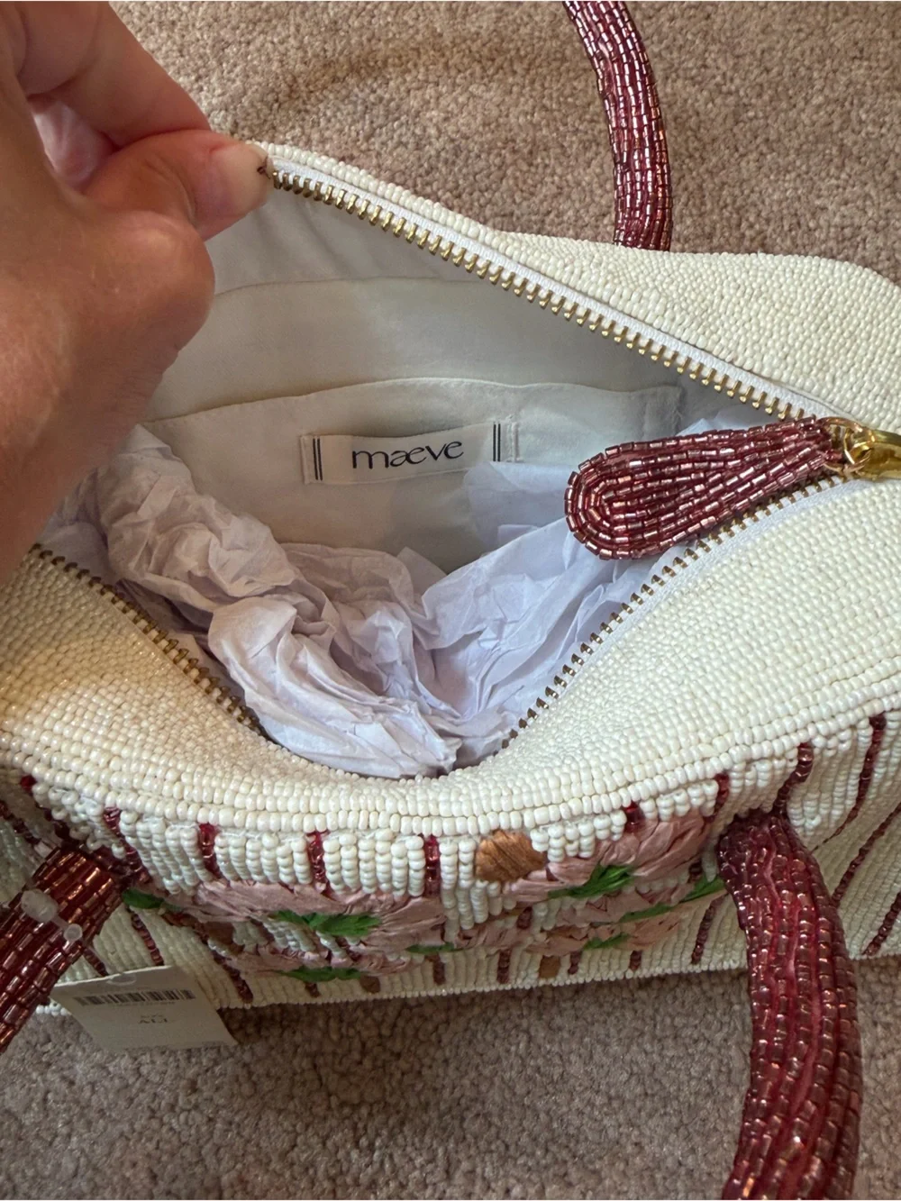 NWT new Anthropologie beaded box shaped bag purse floral cream burgundy stripe